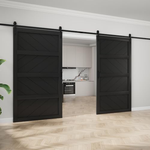 Image of 96 inchx84 inch Black Waved Barn Door with 16 FT Track Kit & Handle & Floor Guide | Pre-Drill Holes Double Barn Door For Easy Assembly, Solid Core Wood Sliding Barn Door for Water-Resistant & Sound Reduction