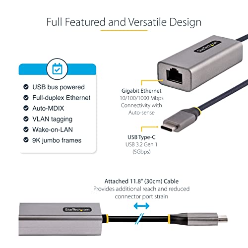 Image of StarTech USB-C to Ethernet Adapter, 10 /100 /1000Mbps, 12in Attached Cable | USB 3.0 to Gigabit Ethernet Network Adapter, Driverless Install, US1GC30B2