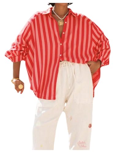 Verdusa Women's Fall Clothes Old Money Business Tops Striped Button Blouse Long Sleeve Oversized Shirts