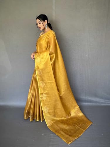 Image of SWORNOF Gold-Toned Woven Design Silk Zari Tissue Saree | Saree for Women | Soft and Skin Friendly