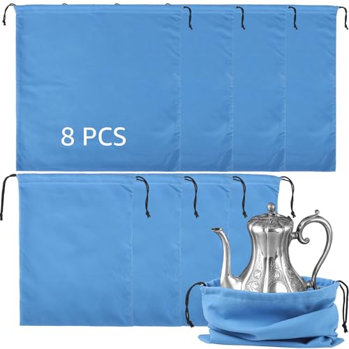 Paquete de 8 bolsas de almacenamiento de cubiertos, bolsas de terciopelo con cordón en azul, organizador de joyas y plata antideslustre (18 x 18 pulgadas y 9 x 12 pulgadas)