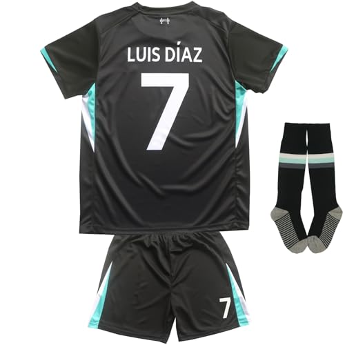 KWFOM Lpool Diaz #7 Away Kids Soccer Jersey Kit with Shorts/Socks Set Youth Sizes (Black, 28)
