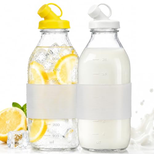 32 oz Reusable Glass Milk Bottles with Leak Proof Lid and Pour Dispenser