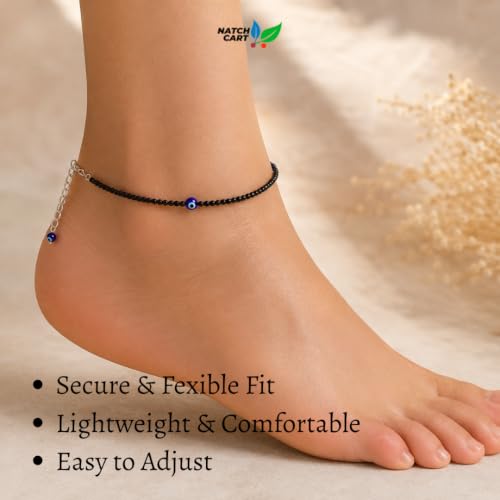 Image of Raw Pyrite, Money Magnet, Dhanyog, Garnet, Black Obsidian Evil Eye Anklet | Stone of Money, Protection & Power | Natural Healing Crystal Anklet for Women | Spiritual Jewellery for Women | Gift for Woman & Girlfriend