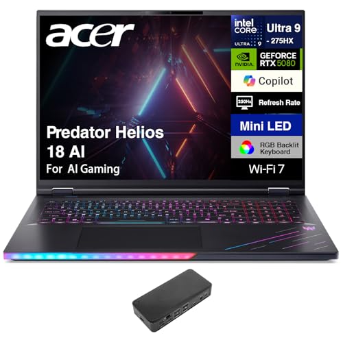 Image of acer Predator Helios 18 AI AI Gaming Laptop 18 inch WQXGA (Intel Ultra 9-275HX, GeForce RTX 5080 16GB, 128GB DDR5, 2TB PCIe SSD, Win 11 Home) w /USB-C Dock