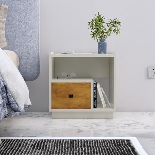 Image of Bniture Bed Side Table for Bedroom 1-Drawer, Bookcase Nightstand Side End Table for Bedside Table, Small Side Table, Side Table for Bedroom, with Metal Legs (Frosty White & Giant Wood)