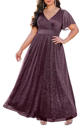 Image of Talisea Plus Size Formal Dresses - V Neck Flutter Sleeve Glitter Prom Evening Gowns Wedding Guest Chiffon Long Maxi Dress