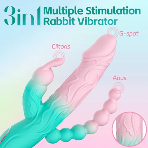 Image of Rabbit G Spot Dildo Vibrator Adult Sex Toys for Women, 3 in 1 Vaginal Anal Beads Clitoris Double 10 Vibration Modes Silicone Nipple Stimulator Massager for Female Couple Play & Games (Green)