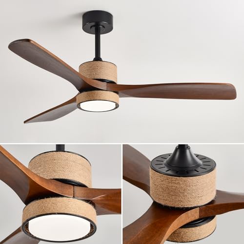 BUENION 52 Inch Boho Ceiling Fan with Light and Remote, Farmhouse Wood Blades DC Motor, Quiet...