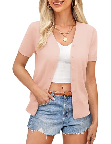 GRACE KARIN Women Fall Clothing Short Sleeve Cardigan Summer Cardigan Sweaters for Women(Orange Pink,M)