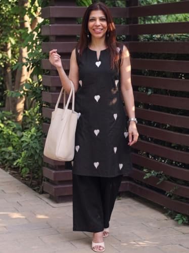 Image of ANNI Designer Kurta Set for Women Cotton Blend Embroidered | Kurti Set for Woman | Farshi Salwar Suit Kurta Palazzo Outfit | Round Neck V Slit Sleeveless Regular Fit Ethnic Dress Stylish Clothing