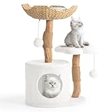 Easyego Modern Cat Tree, 26.3' Aesthetic Wood Cat Tree Tower, Luxury Cat Condo with Scratching Posts and Flower Platforms, Cat Furniture, Pure White