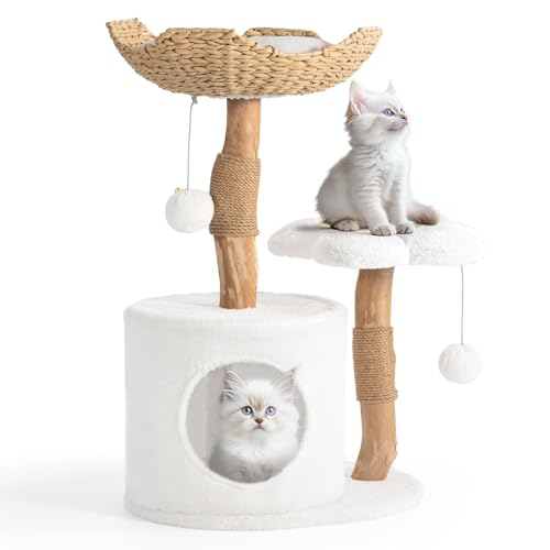 Easyego Modern Cat Tree, 26.3" Aesthetic Wood Cat Tree Tower, Luxury Cat Condo with Scratching Posts and Flower Platforms, Cat Furniture, Pure White
