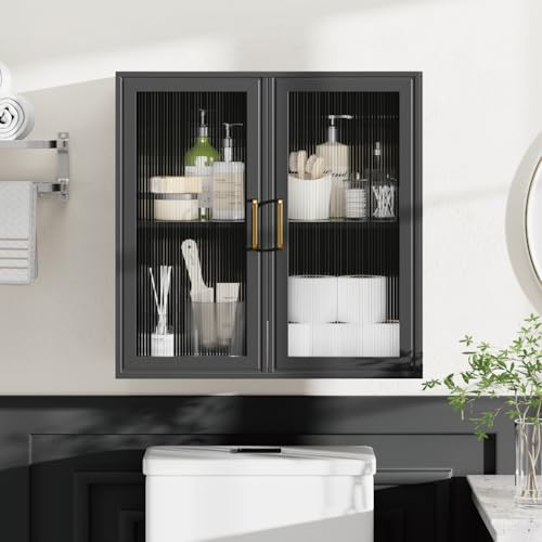 Furnaza LED Wall Storage Cabinets - Upper Kitchen Cabinets Laundry Wall Mounted Cabinets with 2 Acrylic Glass Doors and Shelf, in Black