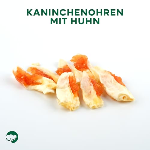 Topdog Kaninchenohren für Hunde 12 x 70g - Ohne Fell - Getrocknete Hasenohren mit Hühnchenfilet - 100% natürlich ohne Zusatzstoffe und fettarm - Idealer Kausnack mit intensivem Geschmack