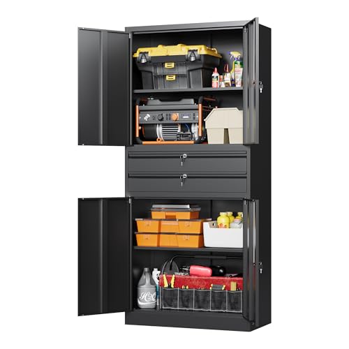 Image of Letaya Metal Garage Storage Cabinet,71 inch Heavy Duty Steel Tool Cabinet with 4 Door Lock-Adjustable Shelves and 2 Drawer for Garage Home Office Utility Room (Black)