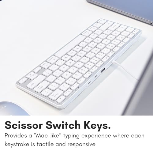 Macally Small Keyboard for Mac with USB Hub (3 Ports) - Wired 2 in 1 USB C + A Plug - Save Space with an Apple Compatible Keyboard (78-Key Layout) - Silver
