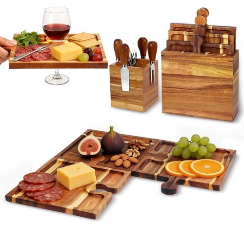 Wooden Charcuterie Boards Set of 4, Cheese Board Platter, Charcuterie Tray Serving Platter, Acacia Wood Serving Board Appetizer Tray with Mag Storage Holder, for Hosting Entertaining Party Birthday