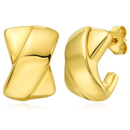 Real 14K Gold Puffed X C-Hoop Earrings Push Backs 18mm