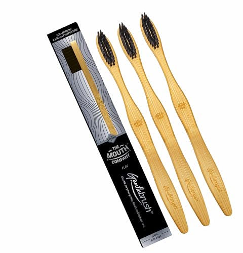 Image of Bamboo Toothbrush for Adults & Kids, Flat Handle Gentlebrush with BPA free Charcoal Activated Soft Bristles, Biodegradable, Anti-Bacterial & Eco-friendly (Pack of 3)