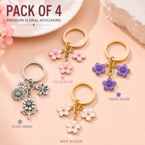 Image of JB'S LAND Floral Charm Keychain Vintage Flower Metal Key Ring for Women | Bag Charm Pendant, Backpack & Car Key Holder, Aesthetic Design, Friendship Gift, For Women & Girls