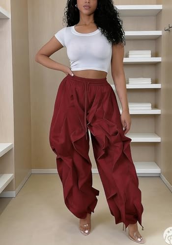 Image of Lucuna Women Balloon Pants Ruffle Fringe Drawstring High Waist Wide Leg Baggy Joggers Parachute Pants