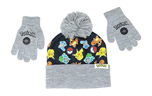 Image of Pokemon Original Starters Kids Beanie Hat Cap and Gloves Set New Black