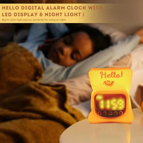 Image of One94Store Hello Digital Alarm Clock with LED Display & Night Light | Cute Cartoon Design, Snooze, Timer & Temperature | Bedside Clock for Kids, Bedroom & Home