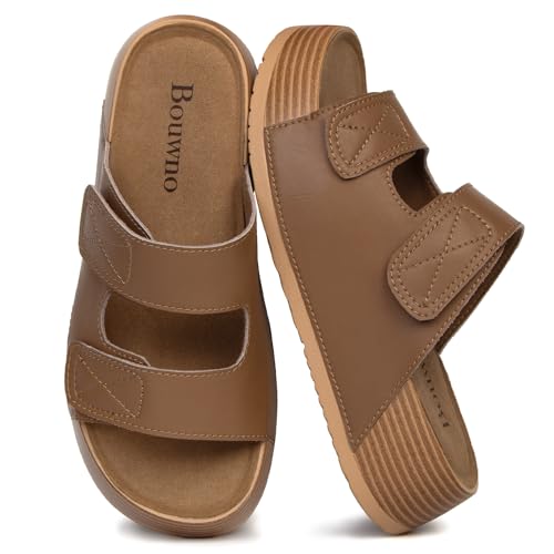 Image of Platform Sandals Women Genuine Leather Slip-on Beach Slide Buckle Comfortable Sandals with Memory Foam Soft Lining and Open Toe Low Wedges