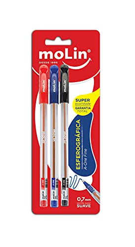 Esferográfica A-One Fine 0,7mm, Blister com 3 Unidades, Molin 1069, Amarelo