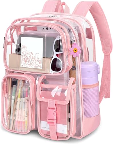 Attmu Clear Backpack for School Heavy Duty PVC Transparent Bookbag with Reinforced Straps Stitches Clear Bag for Stadium Events Girls Boys Large Capacity Backpack for Security College Work - Pink