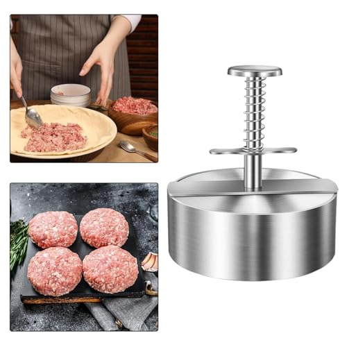 Image of Premium 304 Stainless Steel Burger Press | 12cm Adjustable Hamburger Patty Maker & Aloo Tikki Mould | Spring-Loaded Non-Stick Meat & Veg Cutlet Shaper for Home Kitchen & BBQ