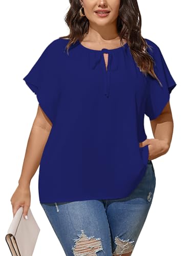 Plus Size Blouses for Women V Neck Short Sleeve Summer Tops Drawstring Blouse Loose Casual Flowy Shirts