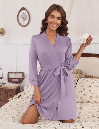 Image of Ekouaer Women's Robes Lightweight 3 /4 Sleeve Short Knit Bathrobe Soft Knee Length Sleepwear Robes with Pockets S-XXL
