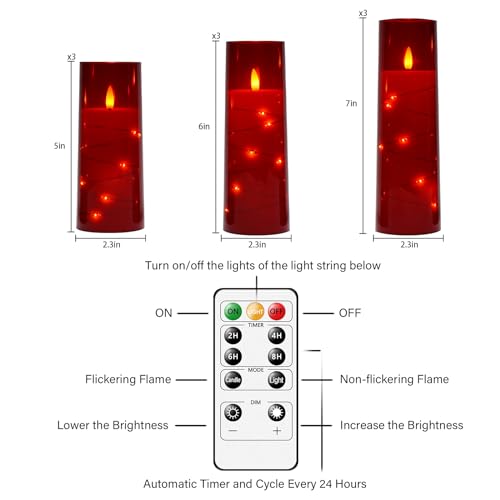 Image of Nimiko Flickering Flameless LED Candles,Battery Operated Candles 9 Pcs with Embedded Star String,Acrylic LED Pillar Candles with Remote,Suitable for Home Decoration to Create an Atmosphere(Red)