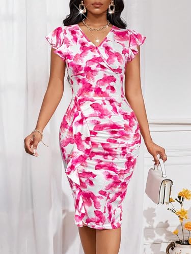 Image of Yajedo Women's Summer Bodycon Midi Dress Print Ruffled Sleeves V Neck Ruched Cocktail Pencil Dress