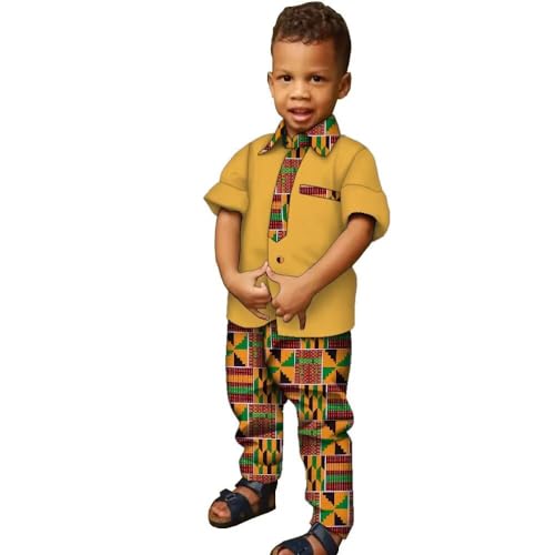 Image of XIAOHUAGUA African Clothes for Boy Kids African Outfit 2 Pcs Set Kente Print Shirt and Long Pants