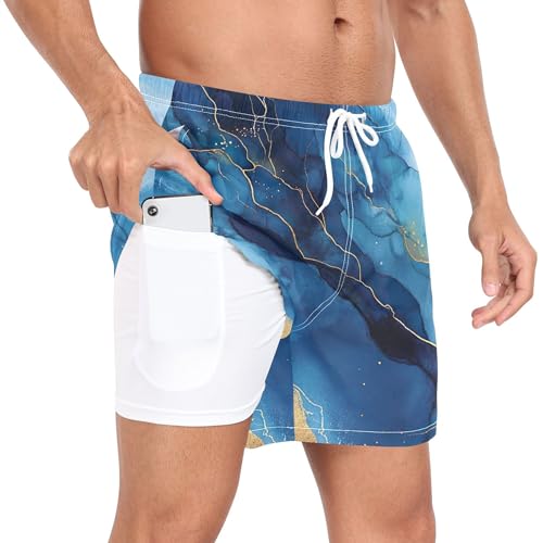 xigua Blue and Gold Marble Mens Swim Trunks with Liner, 5 inch Quick Dry Mens Boardshorts for Beach2