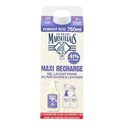 Le Petit Marseillais | Maxi recarga de gel de lavado de manos con jabón puro y lavanda (ladrillo 750 ml) - Recambio de jabón líquido para botella de bomba - Jabón de manos con aceite esencial de