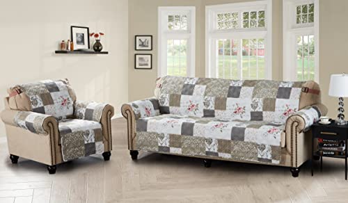 Brilliant Sunshine Rose And Toile Patchwork Couch Cover, Quilted Large Sofa Slipcover, 70" Seat Width, Slip Resistant Furniture Protector, 2" Strap, Washable Couch Cover For Pets, Kids, Dogs,Rose Grey #TOP5