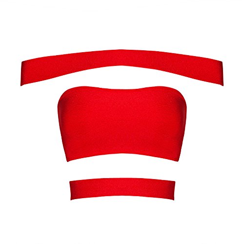 HLBandage Word Shoulder Cut out Rayon Short Bandage Crop Top(XS,Rojo)