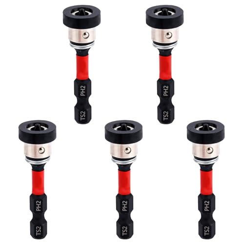 5pcs Magnetic Drywall Screw Setter Bits Steel PH2 Adjustable Depth Positioning Dimpler Bits Removable Magnetic Collar for Plasterboard Sheetrock Screw Drilling Gun Tools