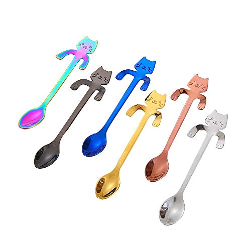 Umiwe 6 pcs Café Cuchara Forma de Gato de Acero Inoxidable, diseño de Gatos cucharitas, Ideales para café, postres, Bebidas, Mezclar o Batidos (Multicolor 6)