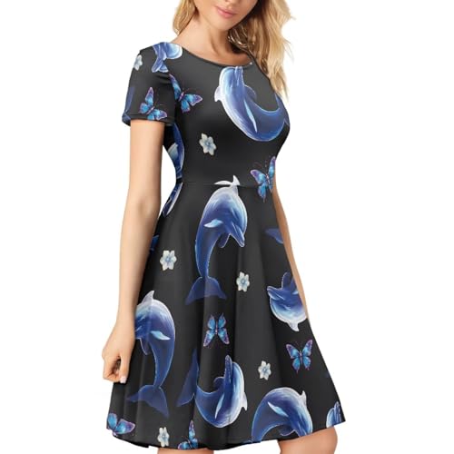 Image of HUGS IDEA Womens Puffy Swing Midi Dress Round Neck Short Sleeve Party A-Line Dresses