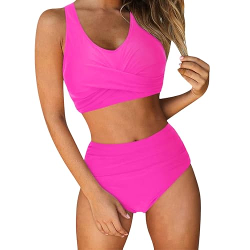 Traje de Baño 2 Piezas para Mujer Push Up Sexy Bañador Color Sólido Conjunto Bikini Bandeau con Escote en V Conjunto Bikini Top Tirantes Ajustables y Short Triángulo de Cintura Alta (M)