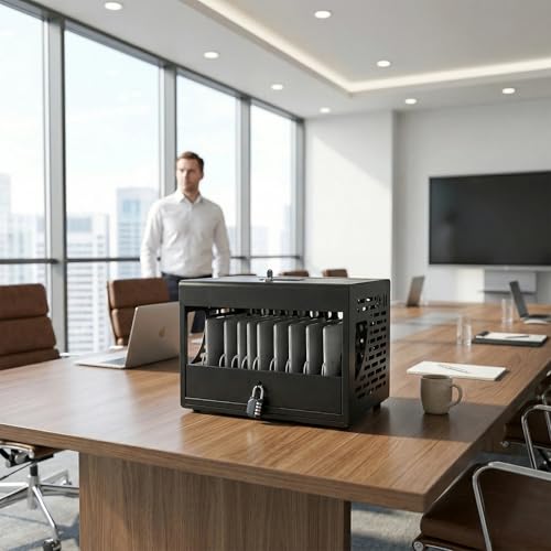 Image of 16 Unit Laptop Charging Station, Locking Charging Cabinet with Interior Steel Dividers & Power Strip, Metal Charging Organizer with Dual Installation Options for Classroom & Office, Black
