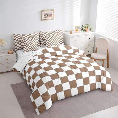 Image of Erosebridal Geometric Checkered Twin Bed in A Bag 7 Piece White Khaki Checkerboard Grid Bedding Set,Buffalo Plaid Gingham Comforter Set with Sheet for Kids Adults Men Geometrical Bed Set