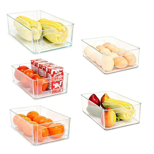 Refrigerator Organizer Bins 5 Pack Stackable Fridge Organizers with Handles Clear Freezer Storage Containers for Pantry, Cabinets,Shelves, Drawer – BPA-Free Plastic Kitchen Organizers