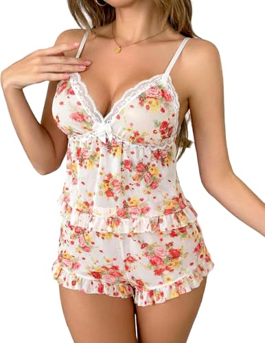 Image of Avidlove Sexy Pajama Lingerie Set for Women Sheer Mesh Cami Shorts | Ruffle V-neck sleepwear, lace trim, elastic waist, adjustable straps, lightweight feel, summer vacation boudoir outfit