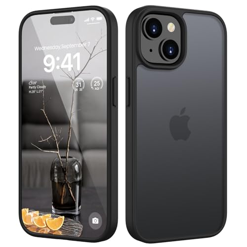 HGH Matt Hülle für iPhone 15 6 1 Zoll [Militärschutz] Schutzhülle Samtige Touch Matt Anti-Kratzen Durchscheinende Rückseite Schutzhülle Anti-Fingerabdruck (Schwarz)